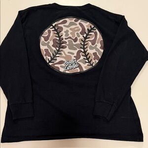 Kids Black Long Sleeve Tee with Camo Baseball Graphic